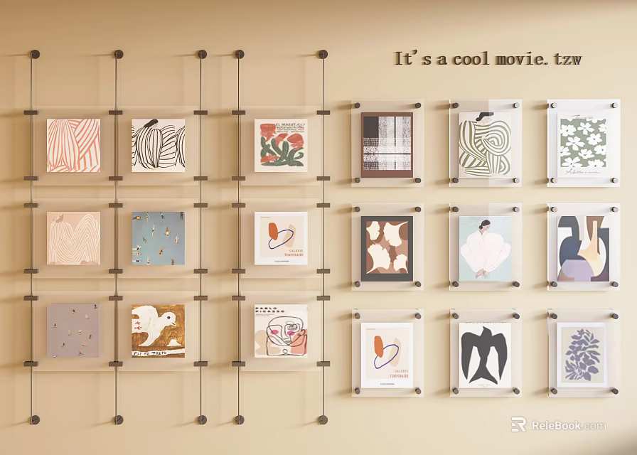 Multiple Abstract Paintings Framed On Wall For Artistic Display Arrangement 3d model