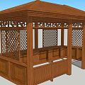 Traditional Chinese Wooden Pavilion with Carved Lattice Panels and Wooden Railings Under Sloped Roof Design
