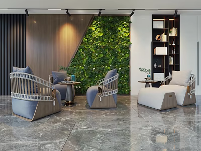 Stylish Leisure Sofa Set With Armchairs Ottoman And Green Plant Wall Interior 3d model