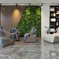 Stylish Leisure Sofa Set With Armchairs Ottoman And Green Plant Wall Interior