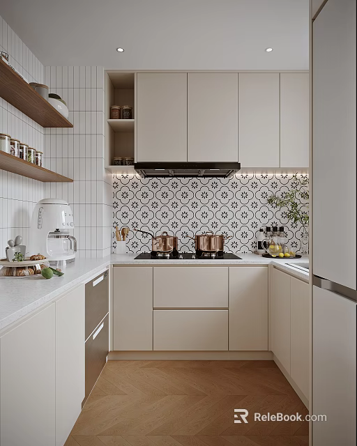 Modern Kitchen Interior With Wooden Shelf Black White Patterned Tiles Copper Pots And Marble Countertop 3d model 