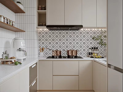 Modern Kitchen Interior With Wooden Shelf Black White Patterned Tiles Copper Pots And Marble Countertop 3d model