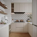 Modern Kitchen Interior With Wooden Shelf Black White Patterned Tiles Copper Pots And Marble Countertop