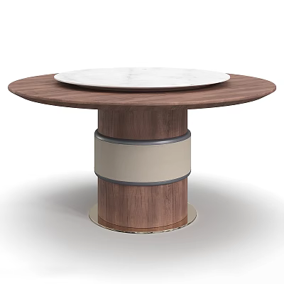 Elegant Round Walnut Dining Table With Central Marble Turntable For Modern Home Dining Room 3d model