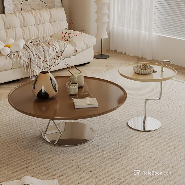 Modern Living Room Interior With Round Brown Coffee Table Featuring Vase Candles And Book 3d model 