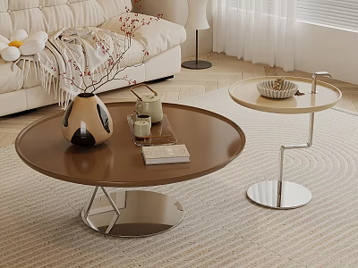 Modern Living Room Interior With Round Brown Coffee Table Featuring Vase Candles And Book 3d model