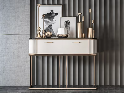 Elegant Modern Console Table With Gold Metal Frame White Drawer Design And Decorative Artworks 3d model