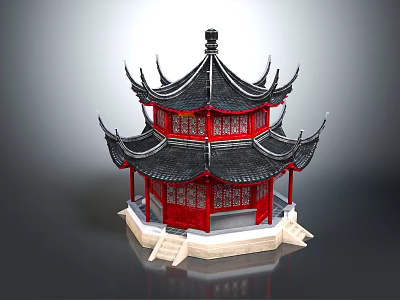 Ancient Chinese Architecture With Two Story Red Body Carved Windows Black Roof And White Base 3d model
