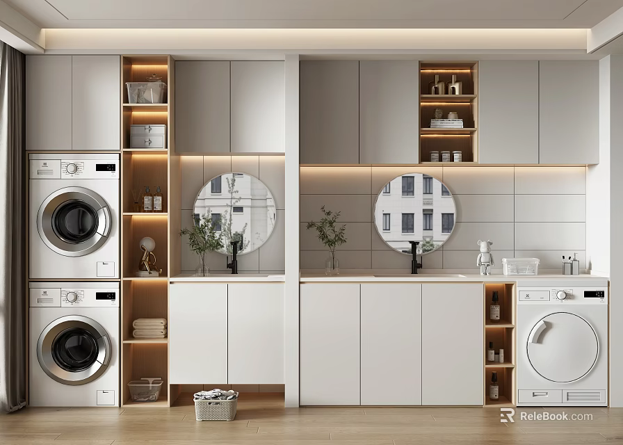 Modern Home Balcony Interior With Washing Machine Storage Cabinets Mirror And Plants 3d model 