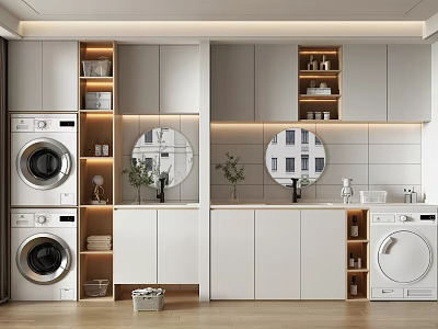 Modern Home Balcony Interior With Washing Machine Storage Cabinets Mirror And Plants 3d model