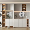 Modern Home Balcony Interior With Washing Machine Storage Cabinets Mirror And Plants