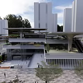 Modern Multi-Story Building Plaza with Pedestrians Trees and High-Rise Background