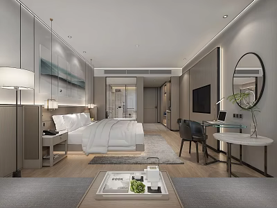 Modern Hotel Room With King Bed Bedside Lamps Wall Art TV Desk And Round Mirror 3d model