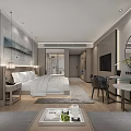 Modern Hotel Room With King Bed Bedside Lamps Wall Art TV Desk And Round Mirror