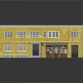 Two Story Detached Villa With Yellow Exterior White Roof Multiple Windows And Ground Floor Storefronts