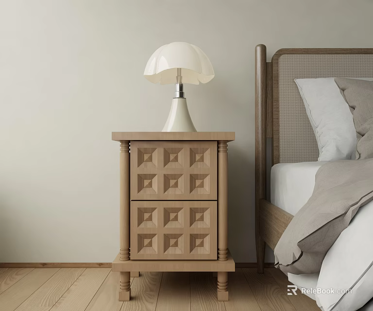 Wooden Bedside Table With White Lamp Next To Modern Bedroom Bed 3d model 