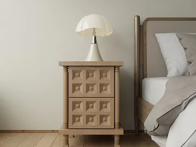Wooden Bedside Table With White Lamp Next To Modern Bedroom Bed 3d model