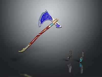 Ornate Blue Axe with Red Handle and Gold Decorative Details and Small Accessories 3d model