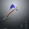 Ornate Blue Axe with Red Handle and Gold Decorative Details and Small Accessories