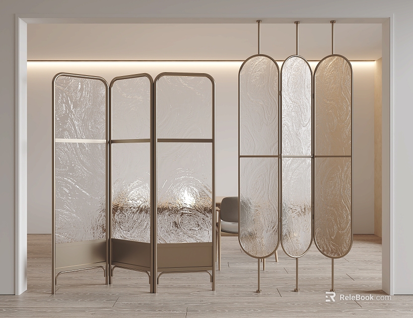 Modern Elegant Glass Screen With Golden Frame And Transparent Texture For Interior Partition 3d model 