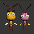 Cute Yellow And Pink Cartoon Ants With Big Eyes And Red Antennae