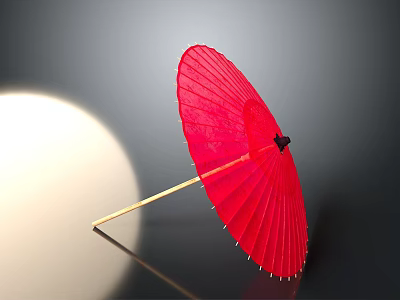 Red Paper Umbrella With Red Canopy Wooden Handle Decorative Ribs And Grey Background Light Shadow 3d model