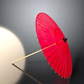 Red Paper Umbrella With Red Canopy Wooden Handle Decorative Ribs And Grey Background Light Shadow