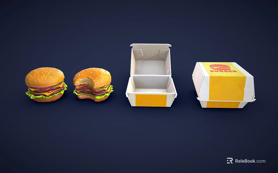 Two Juicy Delicious Hamburgers With Fresh Lettuce And Yellow Open Takeout Boxes 3d model 