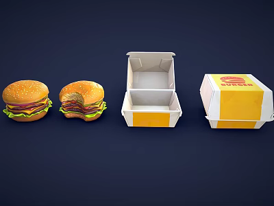 Two Juicy Delicious Hamburgers With Fresh Lettuce And Yellow Open Takeout Boxes 3d model
