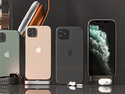 Latest iPhone Models in Different Colors with AirPods and Charging Accessories 3d model