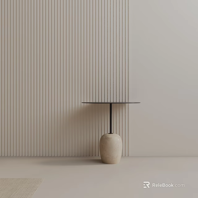 Minimalist Side Table With Black Frame And Tabletop Against Light Striped Wall With Ceramic Pot 3d model 