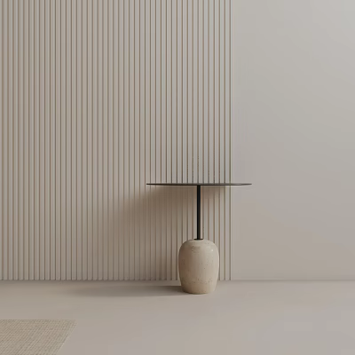 Minimalist Side Table With Black Frame And Tabletop Against Light Striped Wall With Ceramic Pot 3d model