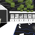 Modern Tech Display Installation With Hanging Green Cubes And Black Hexagonal Structure