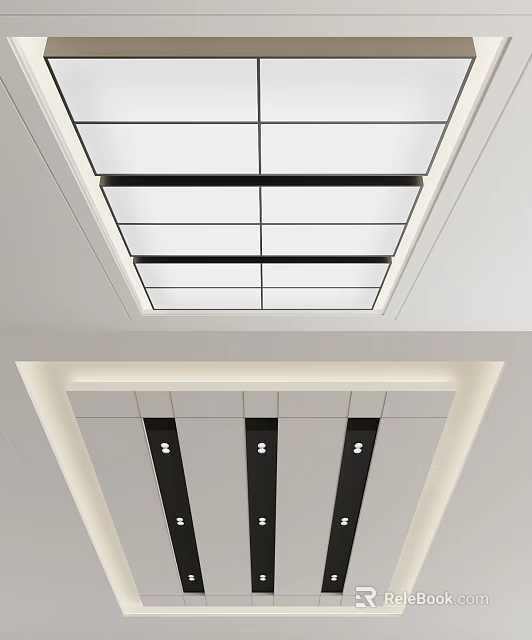 Modern Ceiling Design With White Grid Pattern Black Trim And Recessed Lights 3d model
