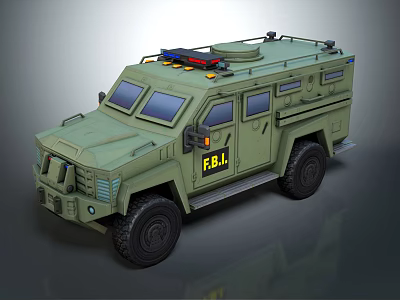 Green FBI Armored Vehicle With Emergency Lights And Heavy Duty Wheels 3d model