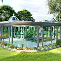 Glass Greenhouses with Dome Roofs in Lush Garden Landscape Surrounded by Trees and Pathways