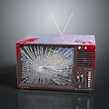 Vintage Television With Cracked Glass Screen Antenna And Red Accents Design