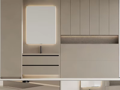Modern Bathroom Vanity with Backlit Mirror Sleek Storage Drawers and Light Colored Design 3d model