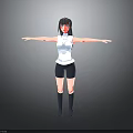 3D Female Character With Black Hair Red Eyes White Tank Top Black Shorts Arms Outstretched
