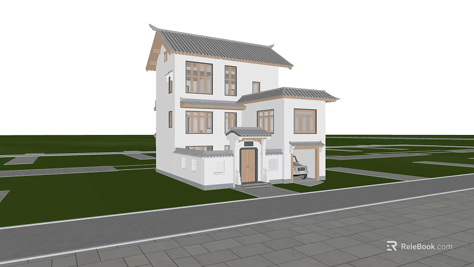 Traditional Chinese Detached Villa With White Walls Sloped Roof And Front Porch 3d model 