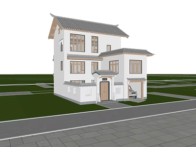 Traditional Chinese Detached Villa With White Walls Sloped Roof And Front Porch 3d model