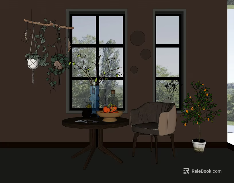 Single Sofa Indoor Scene With Blue Vase Fruit Table And Window Potted Plant 3d model