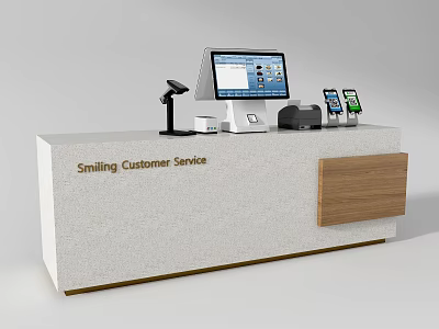 Reception Desk With Smiling Customer Service Sign Computer Monitor POS Machine Microphone And Wooden Section 3d model