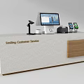 Reception Desk With Smiling Customer Service Sign Computer Monitor POS Machine Microphone And Wooden Section