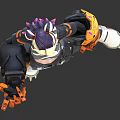 Two Short Haired Characters With Orange Black Mechanical Arms Ripped Pants Sneakers On Gray Background