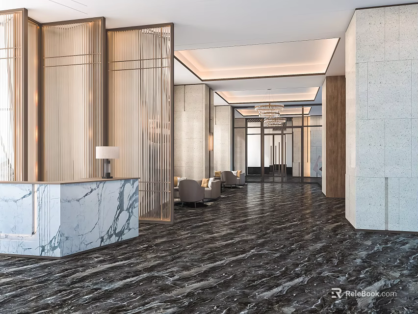 Elegant Hotel Lobby Design With Marble Flooring Reception Desk And Sofa Seating 3d model 