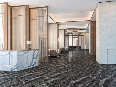 Elegant Hotel Lobby Design With Marble Flooring Reception Desk And Sofa Seating 3d model