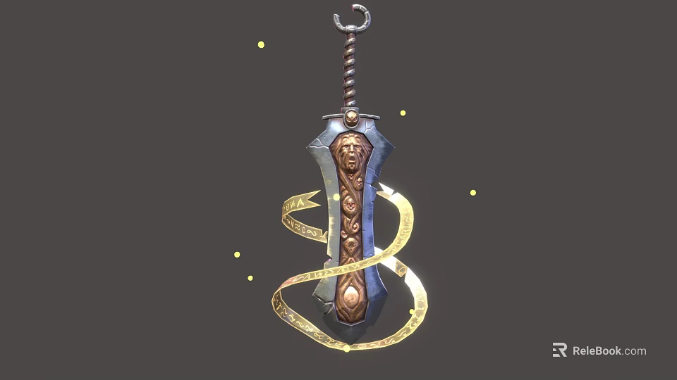Decorative Ancient Sword With Golden Spiral Wrap And Carved Head Motif 3d model 