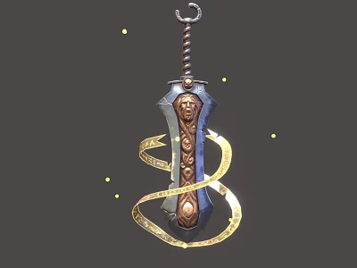 Decorative Ancient Sword With Golden Spiral Wrap And Carved Head Motif 3d model