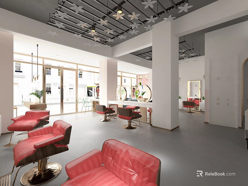 Modern Beauty Salon Interior Design With Red Hair Chairs And Styling Area 3d model 